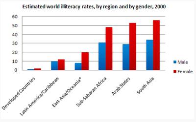 The bar chart shows estimated world illiteracy rates by region and by gender for the last year.